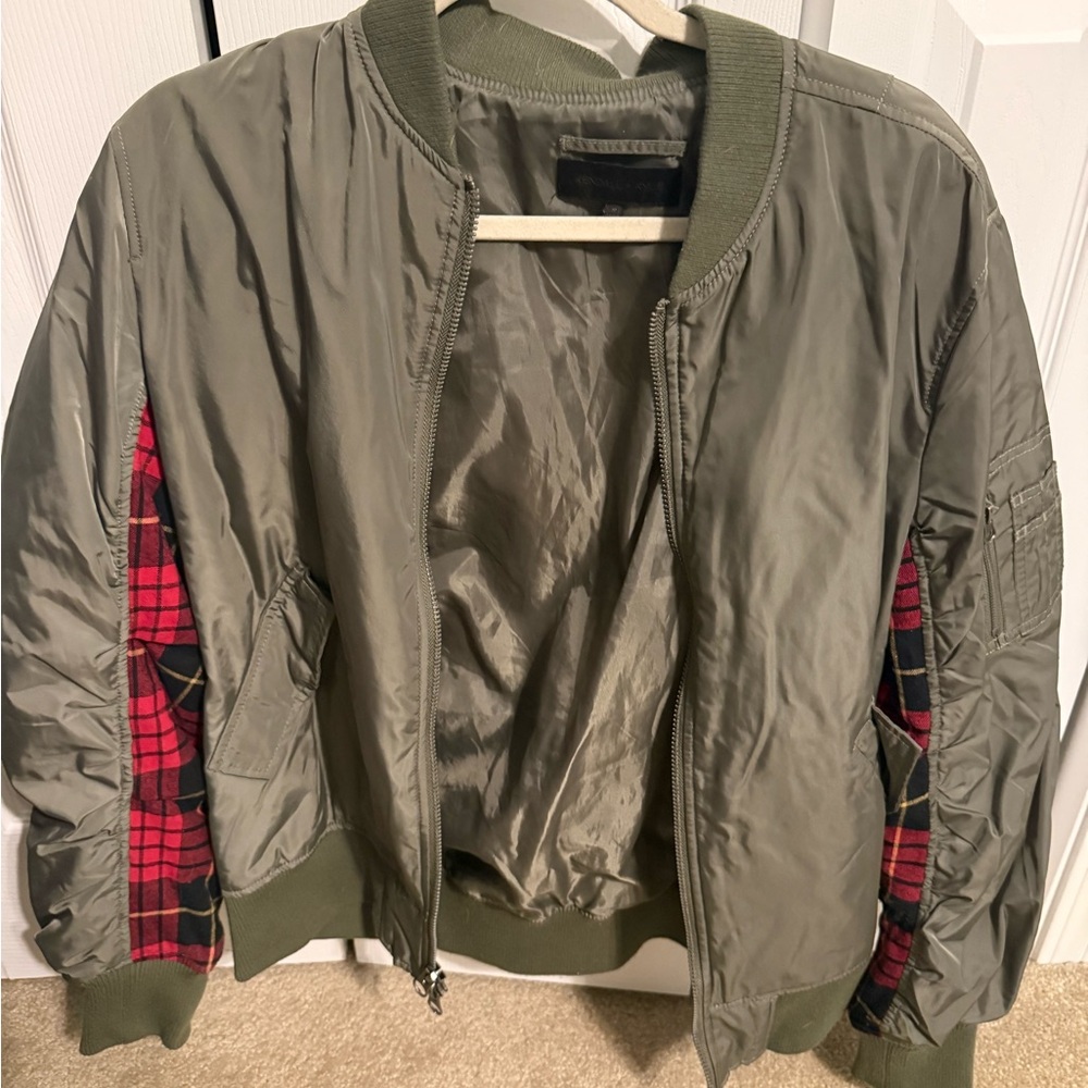 Olive Green Bomber Jacket with Red Plaid Accents